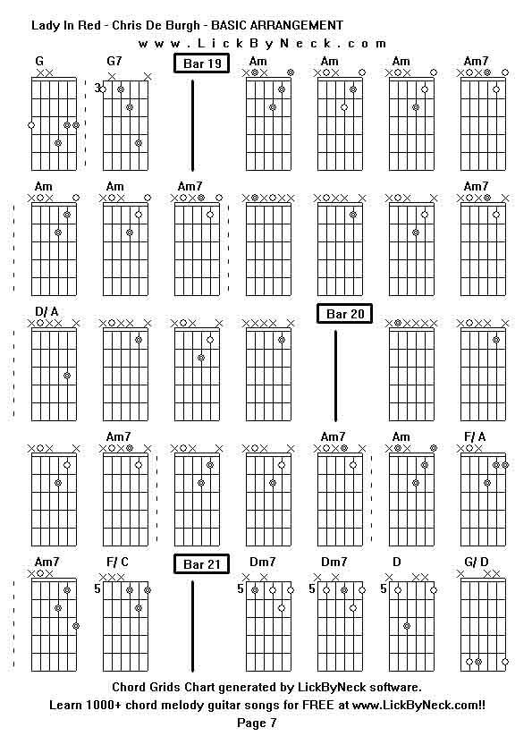 Chord Grids Chart of chord melody fingerstyle guitar song-Lady In Red - Chris De Burgh - BASIC ARRANGEMENT,generated by LickByNeck software.